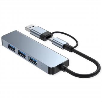 Hub USB 3.2 Gen 1 en métal, 4 ports de type A, (1x USB 3.2 Gen 1 + 3x USB 2.0), câble de raccordement de type A+C 