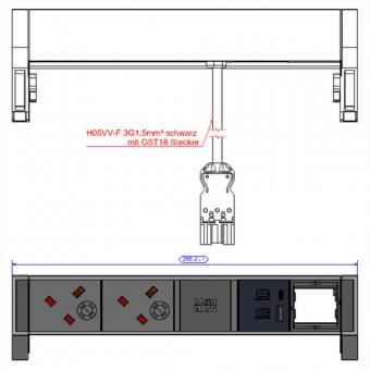 DESK2 ALU BLACK 2xUK 1xCM, 1xUSB A&C 22W 0,2m GST18 Großbritannien 