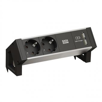 DESK2 ALU BLACK 2x Schutzkontakt 1x USB-Charger 