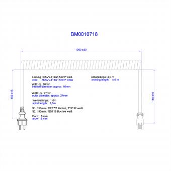 Spiralleitung H05VV-F 3G1,5mm² L:1,0m ws ISV/CEE7/7 