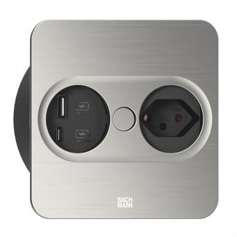 TWIST2 1xCH 1xUSB A/C 22W, L=2,0m AEH T12 Edelstahl-Optik eckig 