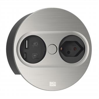 TWIST2 1xCH 1xUSB A/C 22W, L=2,0m AEH T12 Edelstahl-Optik rund 