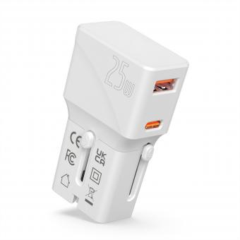 Chargeur de voyage USB avec prise plate européenne / britannique / américaine, 2 ports (Type A QC3.0, Type C PD), 25W 