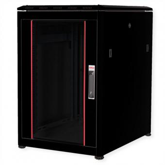 19-pouces Baie réseau Pro 16U, 600x800 LxP Porte verre noir 