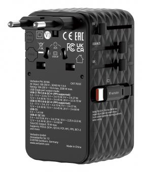 Adaptateur de voyage universel rétractable Charge n Travel 70W 2C, noir 