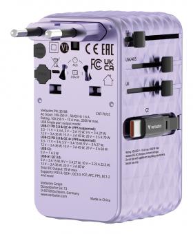 Adaptateur de voyage universel rétractable Charge n Travel 70W 2C, violet 