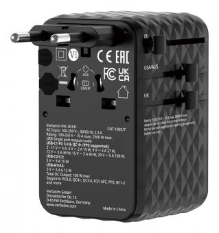 Adaptateur de voyage universel Charge n Travel 100W avec câble rétractable, noir 