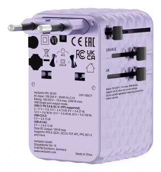 Adaptateur de voyage universel Charge n Travel 100W avec câble rétractable, violet 