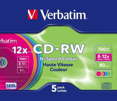 CD-RW couleur 12x 700 Mo, lot de 5 