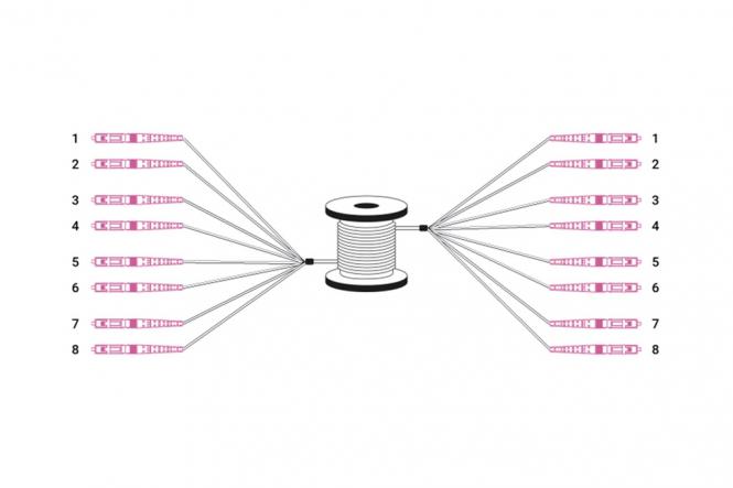 Vorkonfektionierte Glasfaser Universal Breakout Kabel, Multimode OM4, 8 Fasern, LC/UPC 