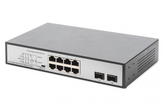 Commutateur Gigabit 8 ports avec 6 ports PoE, 2 x RJ45, 2 x SFP Uplink, 802.3af/at/bt 