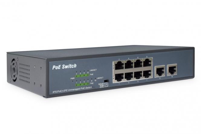 8 Port Fast Ethernet PoE Switch, 19 Inch, Unmanaged, 2 Uplinks 