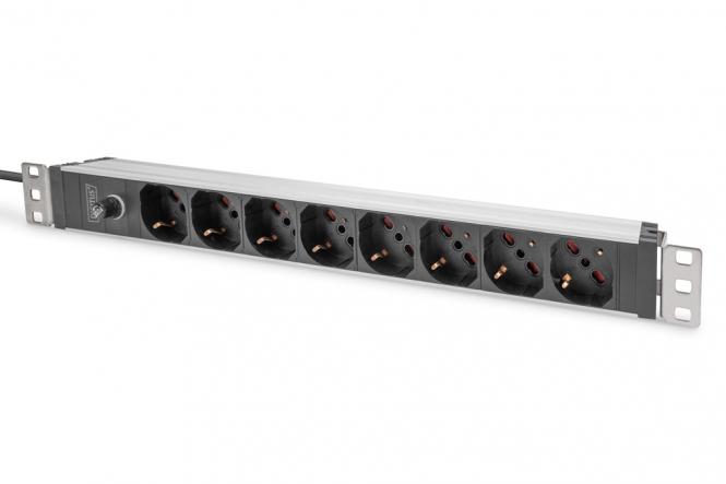 Socket strip with aluminum profile and back-up fuse, 8-way Italian output, 2m cable IEC C14 plug 