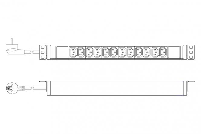 Multiprise avec profilé en aluminium, 12 prises, câble d'alimentation de 2m avec fiche de sécurité 