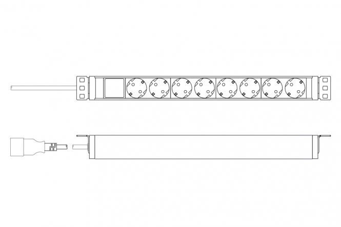 Multiprise avec profilé en aluminium, 8 prises à  contact de protection, câble d'alimentation de 2m, fiche IEC C20 