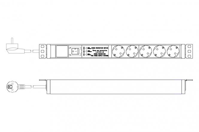 Multiprise avec profilé en aluminium, interrupteur, protection contre la surcharge et filtre secteur intégrés, 5 prises à  contact de protection, câble d'alimentation de 2m avec fiche de sécurité 