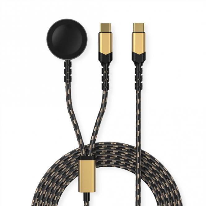 USB Split-Ladekabel, bis 60W + Ladepad (bis 15W), für Samsung Geräte, Typ C - C, schwarz / gold, 1,2m 
