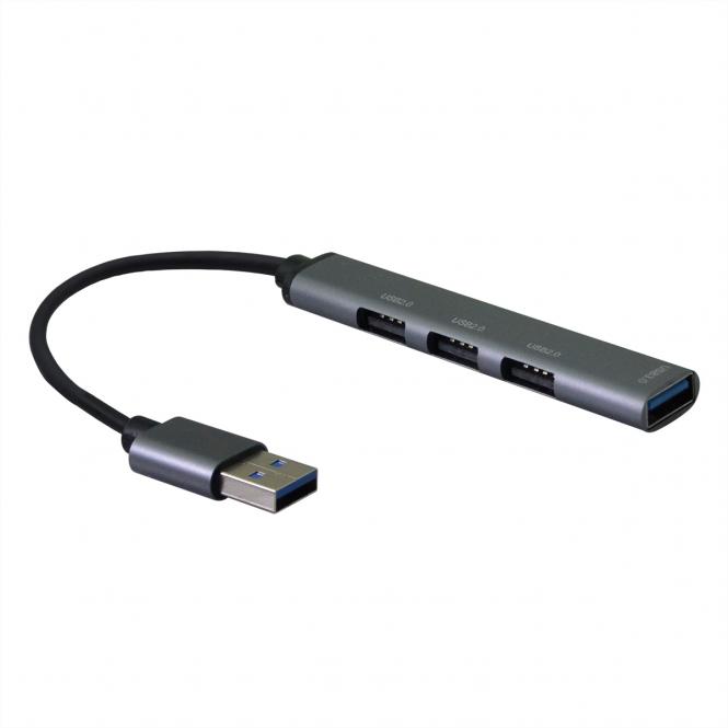 USB 3.0 Hub, USB-A Anschluss, 4x USB-A Ports (3x USB 2.0 + 1x USB 3.2 Gen1), grau, 0,12m 
