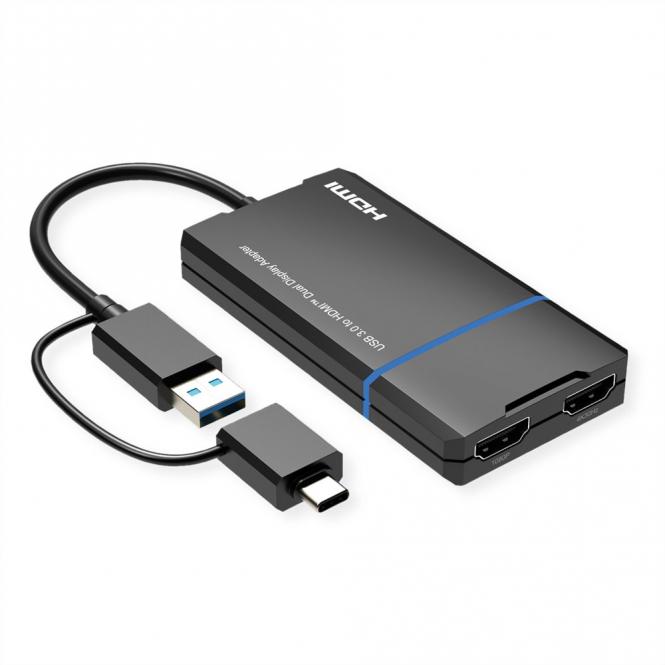 USB Display Adapter, USB Typ A+C - 2x HDMI 