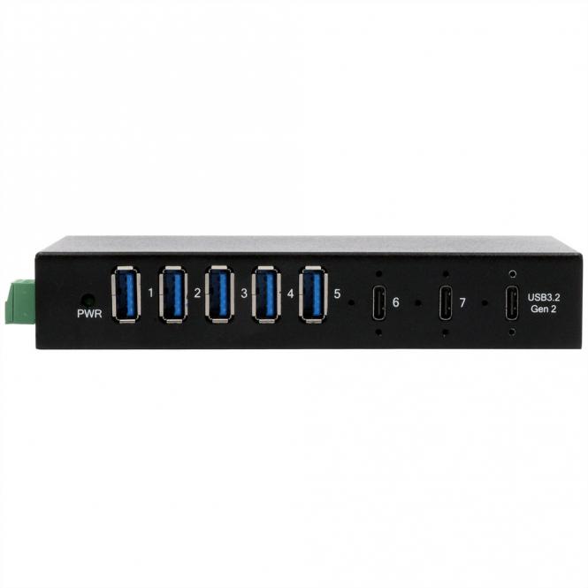 EXSYS EX-12297HMS HUB métallique 7 ports USB 3.2 Gen 2x1, 2x USB-C et 5x USB-A 3.2 Gen 1, pour table, mur et rail DIN 
