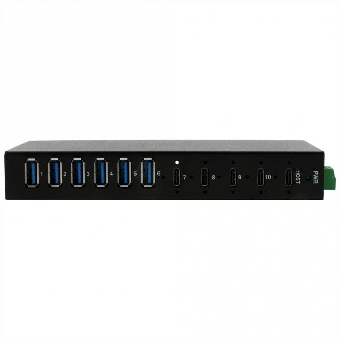 EXSYS EX-12290HMS HUB métallique 10 ports USB 3.2 Gen 2x1, 4x USB-C et 6x USB-A 3.2 Gen 1, pour table, mur et rail DIN 