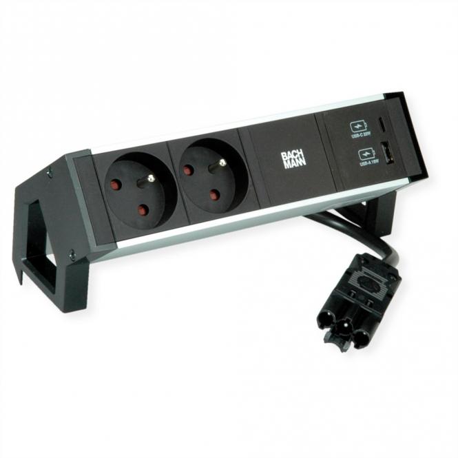 DESK2 ALU BLACK 2xUTE 1xUSB A&C 22W 0,2m GST18 