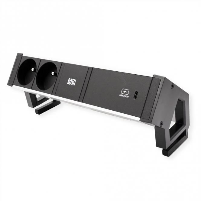 DESK2 ALU BLACK 2xUTE 1xUSBC 60W 0,2m GST18 