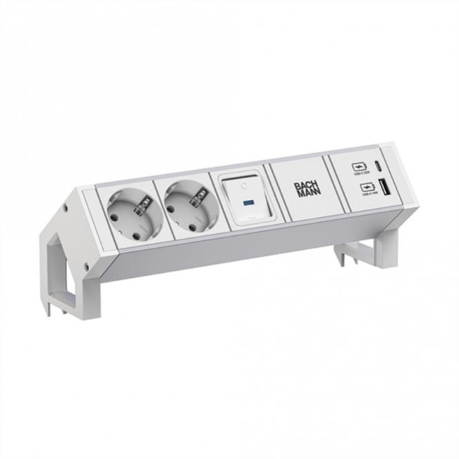 DESK2 ALU WHITE 2xCEE7/3 1xSchalter 1xUSB A/C 22W 0,2m 