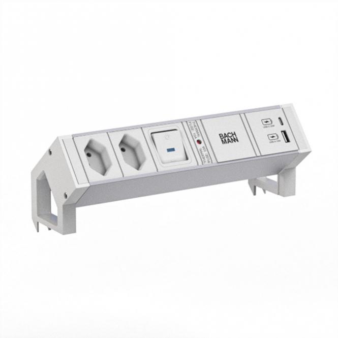 DESK2 ALU WHITE 2xCH 0° 1xSchalter 1xUSB A/C 22W 