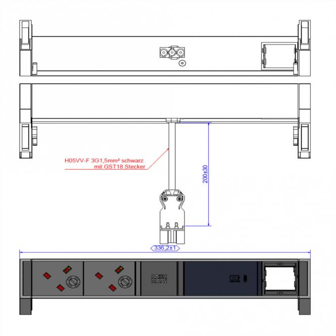 DESK2 2xUK 1xUSB C 60W 1xCM, 0,2m GST18 INOX Großbritannien 