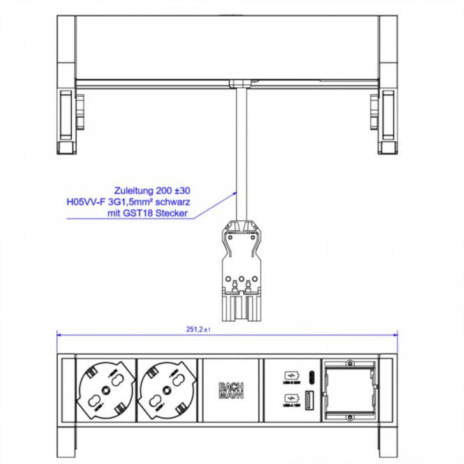 DESK2 2xP40 1xUSB A/C 22W 1xCM, 0,2m GST18 INOX Italien 