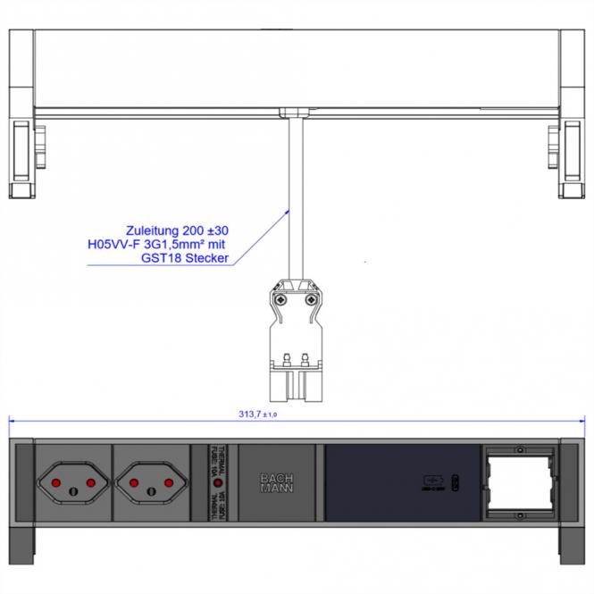 DESK2 2xCH 1xUSB C 60W 1xCM, 0,2m GST18 RAL9010 Schweiz 