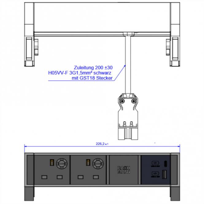 DESK2 2xUK 1xUSB A/C 22W, 0,2m GST18 RAL9010 Großbritannien 