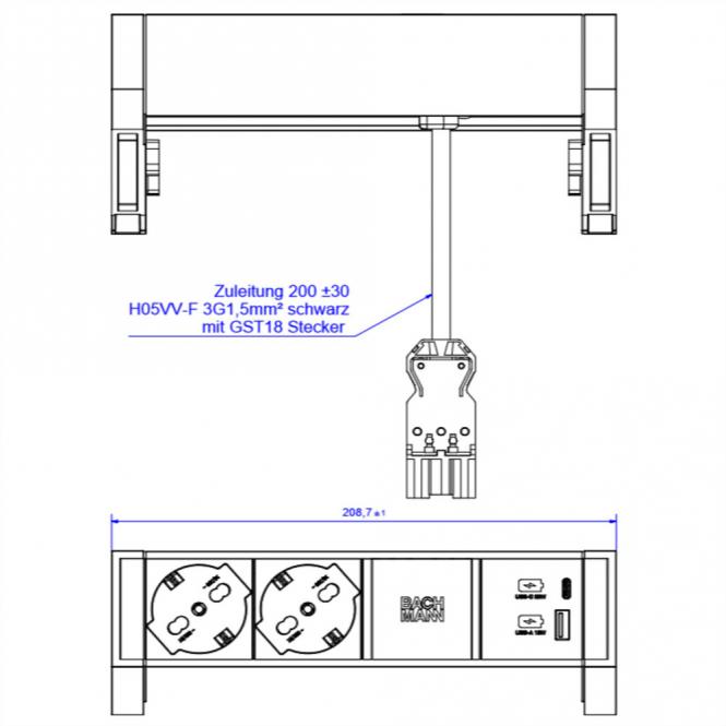 DESK2 2xP40 1xUSB A/C 22W, 0,2m GST18 RAL9010 Italien 