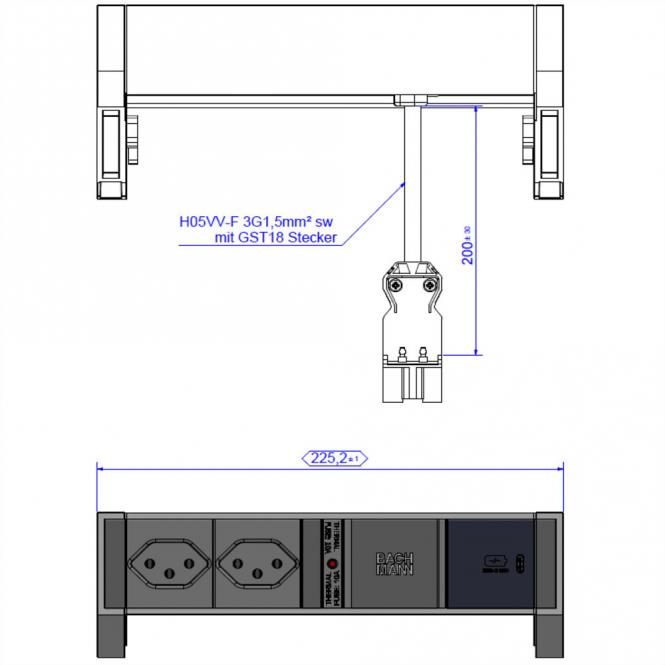 DESK2 2xCH 1xUSB C 30W, 0,2m GST18 RAL9005 Schweiz 