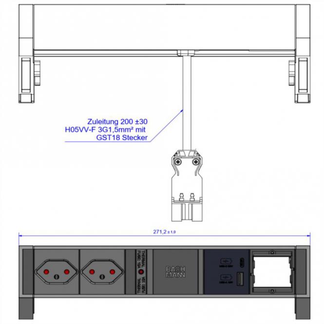 DESK2 2xCH 1xUSB A/C 22W 1xCM, 0,2m GST18 RAL9005 Schweiz 
