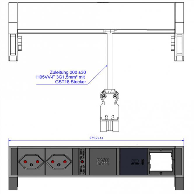 DESK2 2xCH 1xUSB C 30W 1xCM, 0,2m GST18 RAL9005 Schweiz 