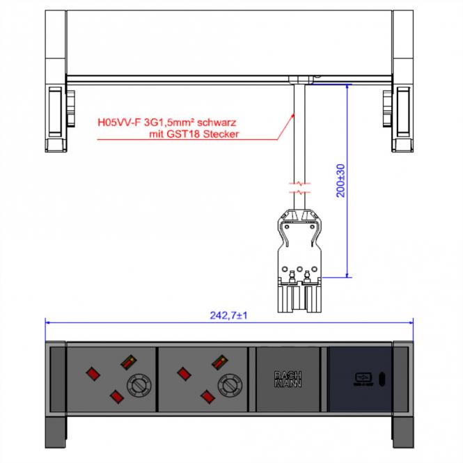DESK2 2xUK 1xUSB C 30W, 0,2m GST18 RAL9005 Großbritannien 