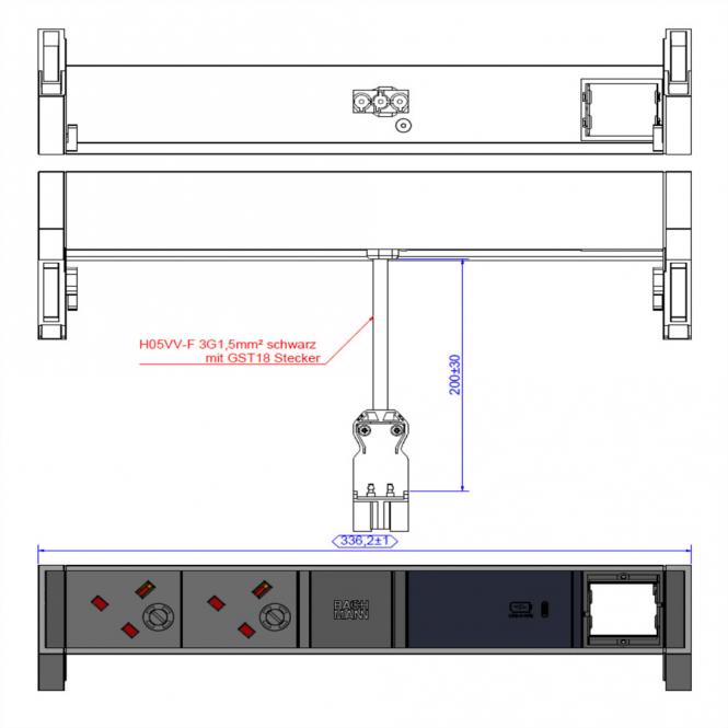 DESK2 2xUK 1xUSB C 60W Charger, 1xCM 0,2m GST18 RAL9005 Großbritannien 