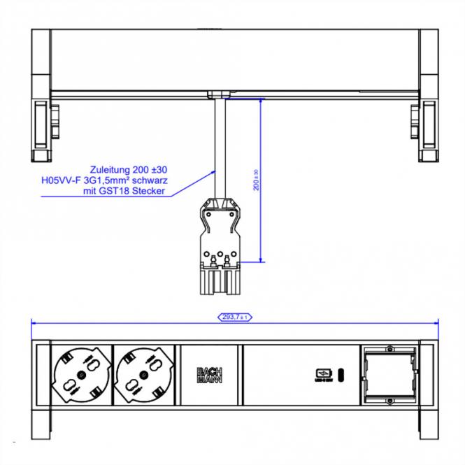 DESK2 2xP40 1xUSB C 60W 1xCM, 0,2m GST18 RAL9005 Italien 