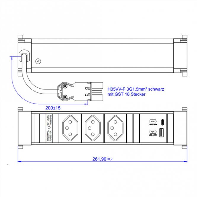 POWER FRAME M 3xCH, 1xUSB A&C 22W Charger 0,2m GST18 Schweiz 