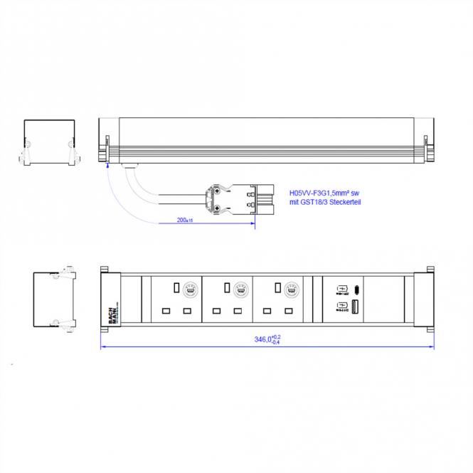 POWER FRAME L 3xUK, 1xUSB A/C 22W 0,2m GST18 Großbritannien 