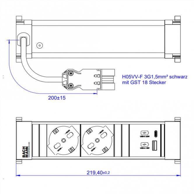 POWER FRAME S 2xP40, 1xUSB A/C 22W 0,2m GST18 Italien 
