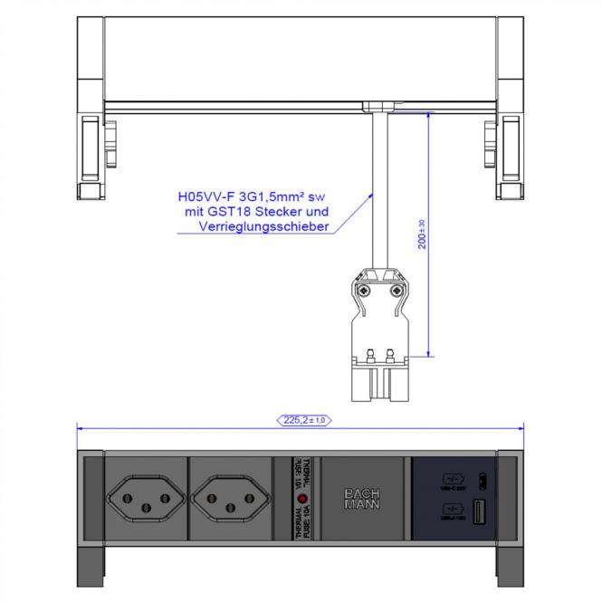 DESK2 ALU BLACK 2xCH T13, 1xUSB A&C 22W 0,2m GST18 Schweiz 