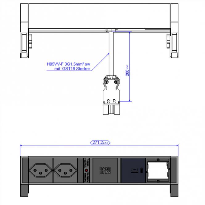 DESK2 ALU BLACK 2xCH T13 1xCM, 1xUSBC 30W 0,2m GST18 Schweiz 