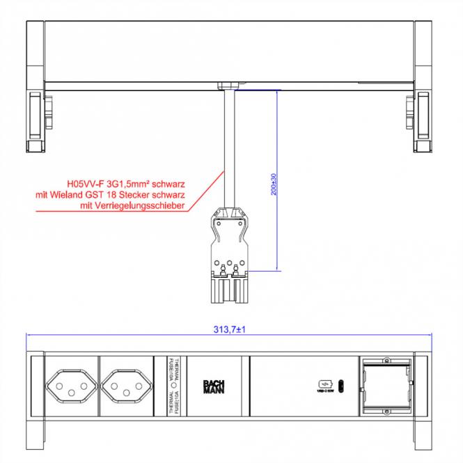 DESK2 ALU BLACK 2xCH T13 1xCM, 1xUSBC 60W 0,2m GST18 Schweiz 