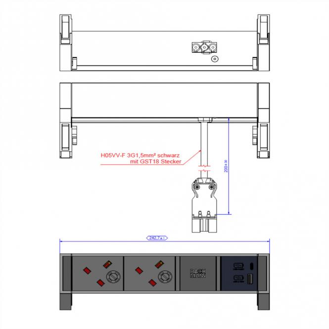 DESK2 ALU BLACK 2xUK, 1xUSB A&C 22W 0,2m GST18 Großbritannien 