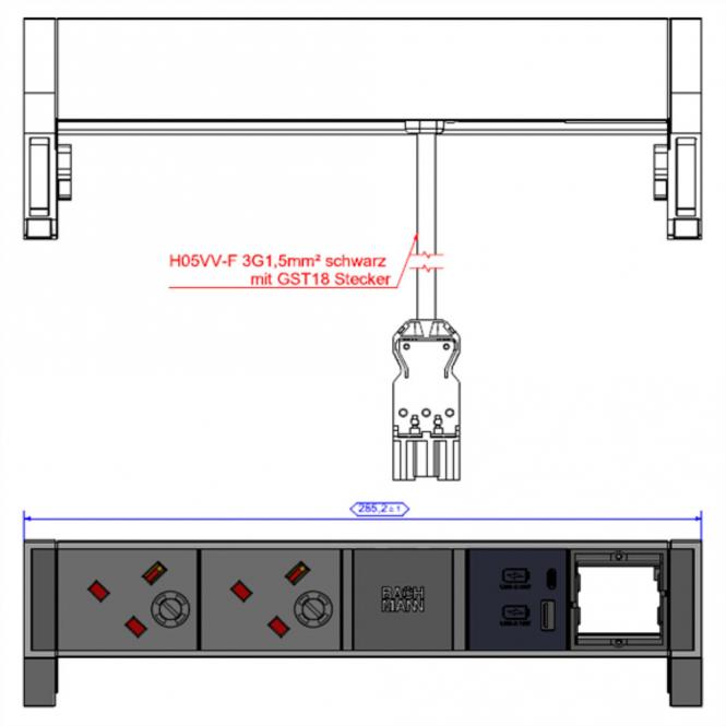 DESK2 ALU BLACK 2xUK 1xCM, 1xUSB A&C 22W 0,2m GST18 Großbritannien 