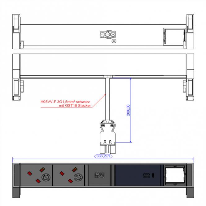 DESK2 ALU BLACK 2xUK 1xCM, 1xUSBC 60W 0,2m GST18 Großbritannien 