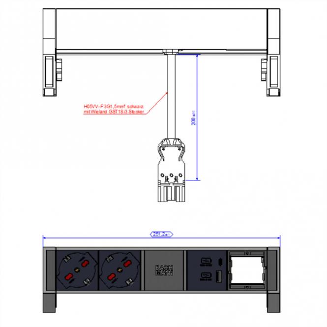 DESK2 ALU BLACK 2xP40 1xCM, 1xUSB A&C 22W 0,2m GST18 Italien 